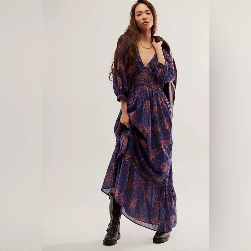 NEW Free People Golden Hour Maxi Dress Navy Combo XS